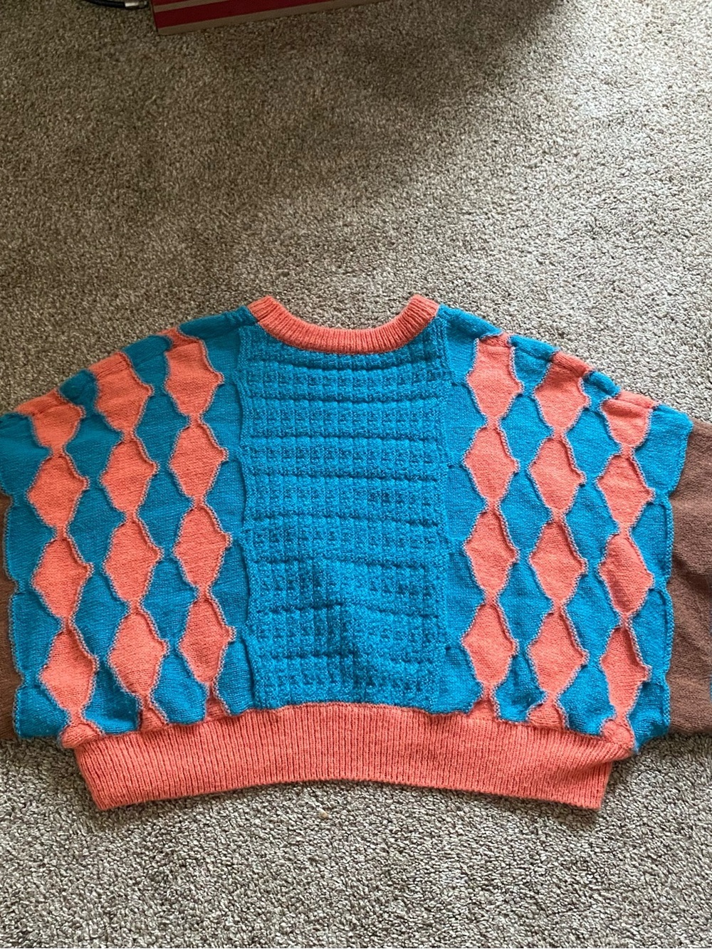 Cider Teal and Coral Colorblock Knit Crew Sweater